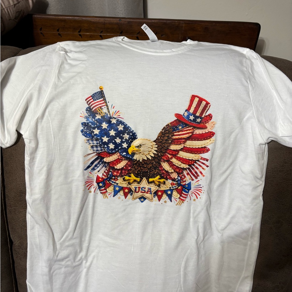 White Graphic Tee with Patriotic flag and Eagle 4th of July